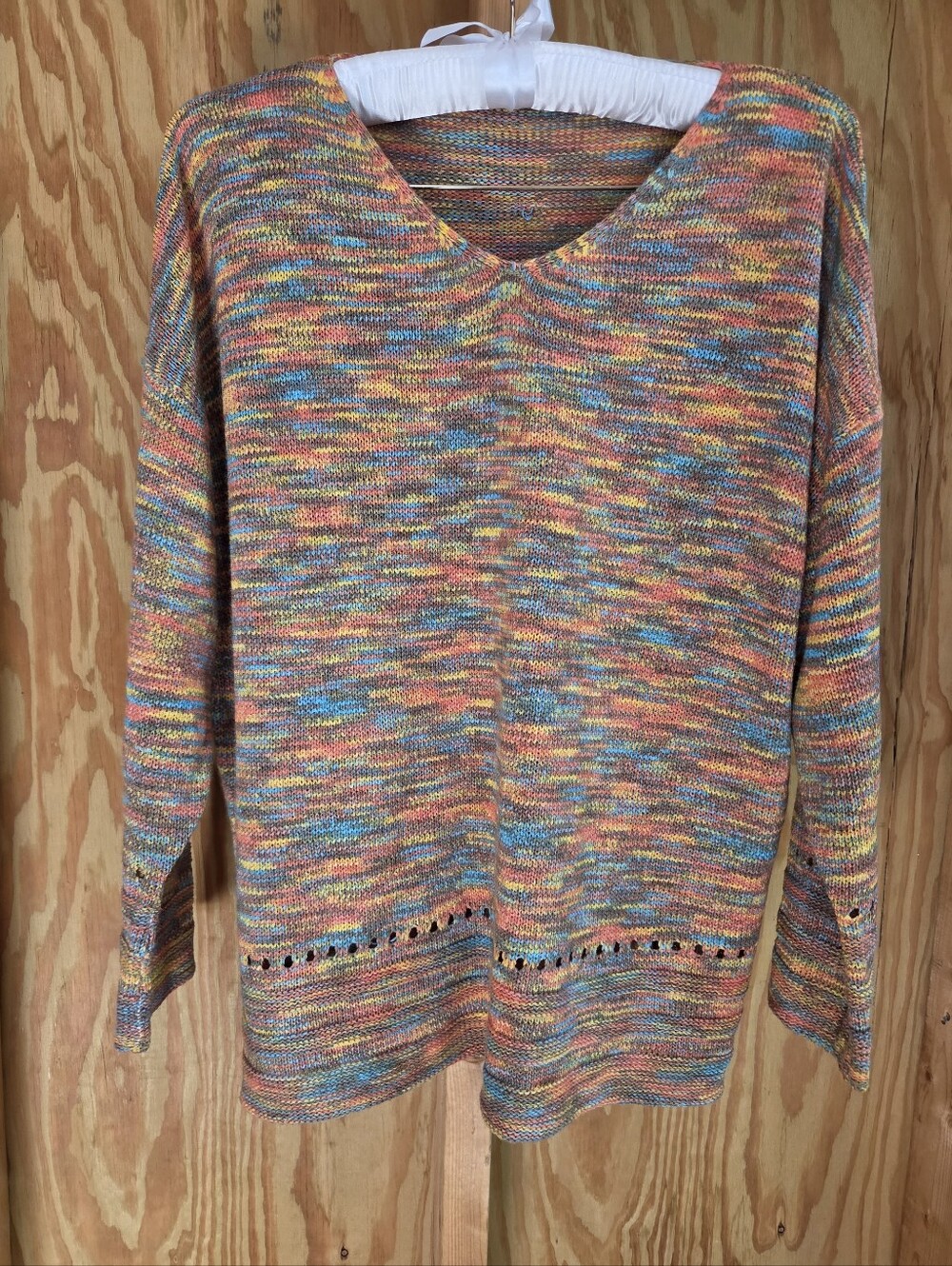 Easel Los Angeles Space Dye V-Neck Sweater Pointelle Trim Open Knit Boho Medium